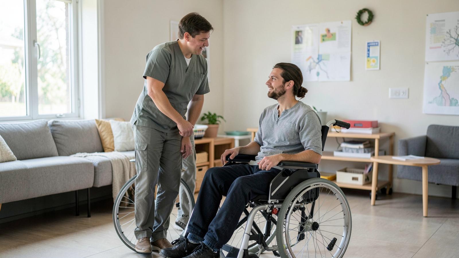 A support worker standing beside a young man in a wheelchair, chatting together indoors